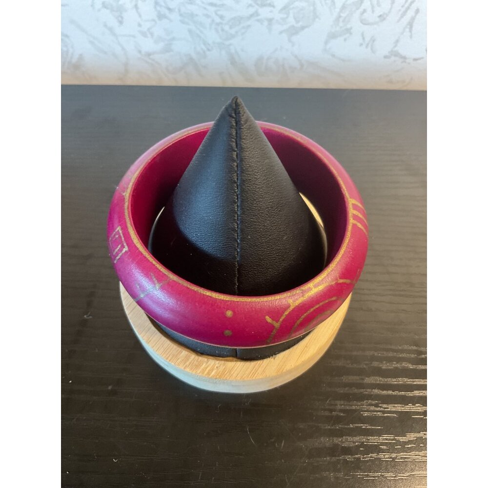 Hand-Painted Wooden Bangle Bracelet Magenta with Gold Accents - Picture 3 of 5